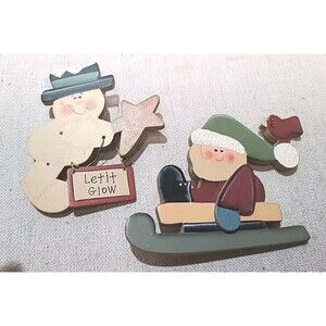 New Vintage Set Of 2 Christmas Snowman Santa Brooch Wooden Pins Folk Art